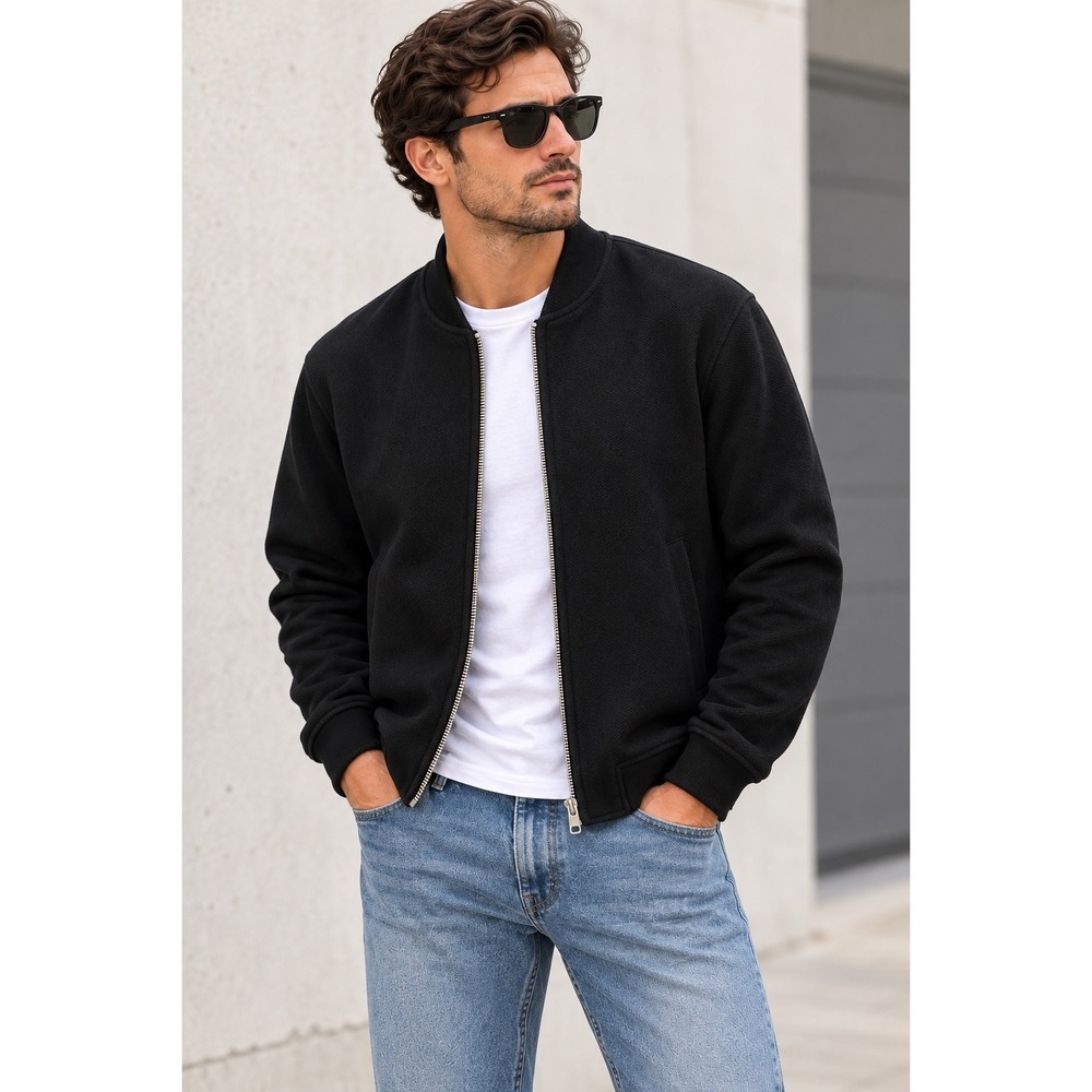 Zara Man Black Textured Full Zip Bomber Jacket Ribbed Trim Size Large